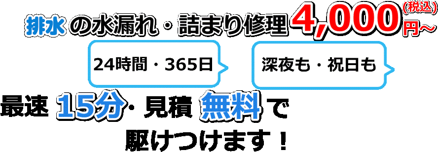 【業界屈指のNo.1低価格】排水管の水漏れ修理・詰まり4,000円～最短15分・電話見積もり無料で駆けつけます！